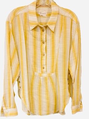 Anthropologie Yellow Stripe Cotton Blouse Button Up Lightweight Shirt M